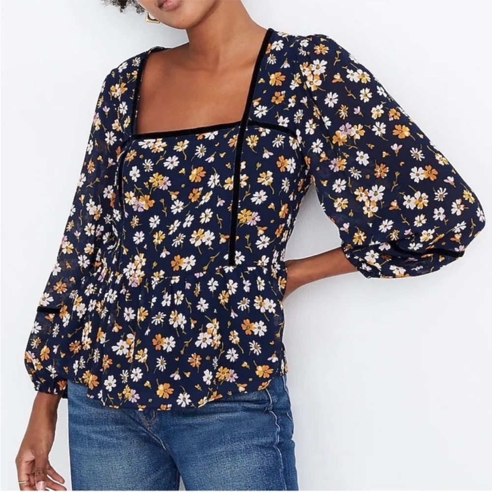 Madewell Petal Party Velvet Trimmed Square Neck Top